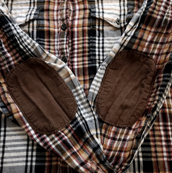 Kavu sz L Brown Plaid Flannel Button Down Elbow Patches - Picture 4 of 5